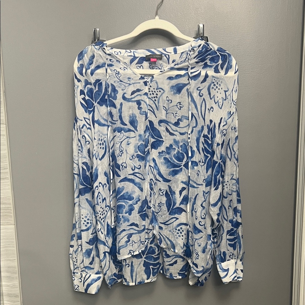 Vince Camuto Blue and White Floral Peasant Blouse